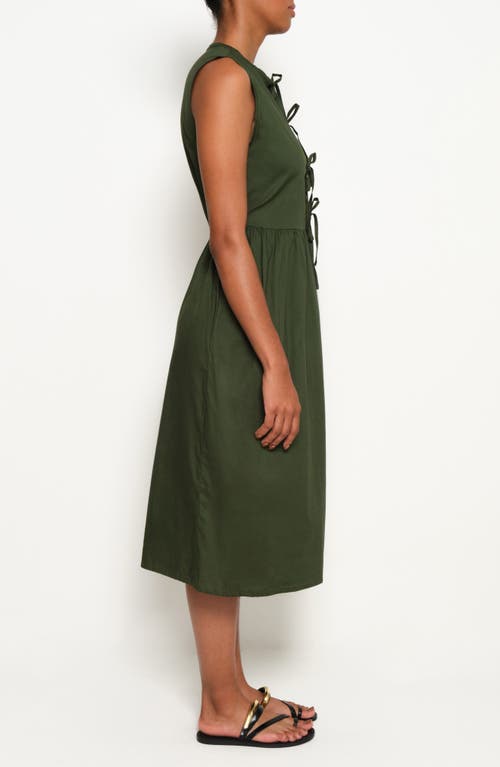 The Lulo Project Hortensia Tie Front Stretch Cotton Midi Dress In Military