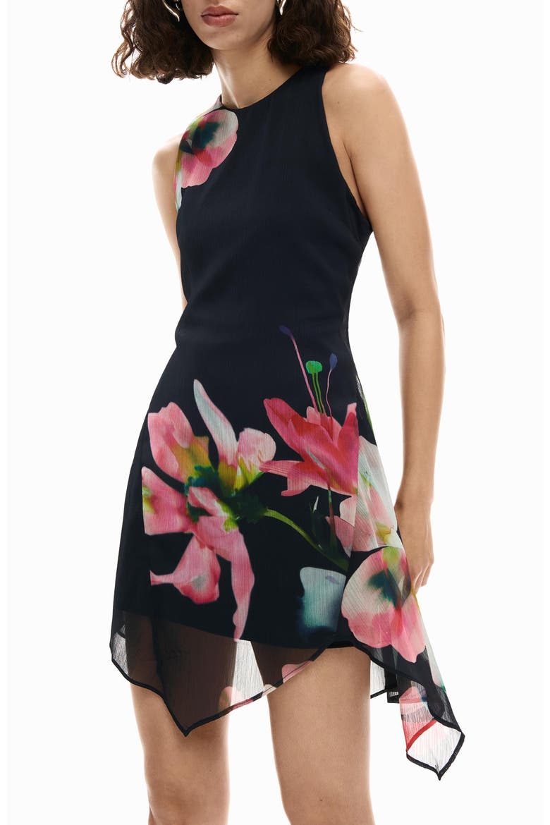 Floral Print Sleeveless Minidress, Main, color, BLACK