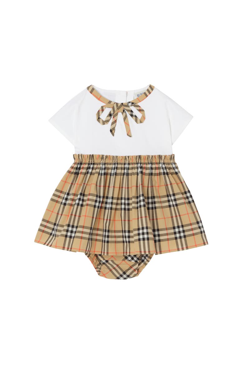 Check Bow Cotton Dress with Bloomers, Main, color, White