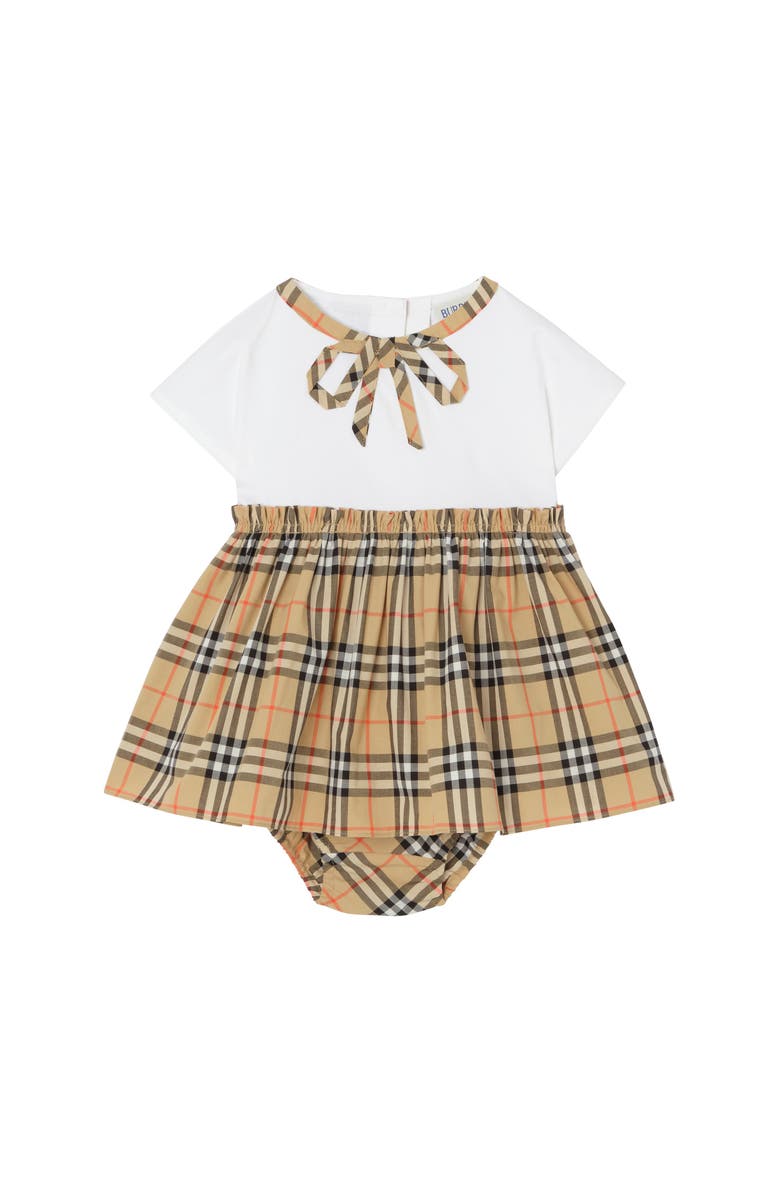 Burberry Check Bow Cotton Dress with Bloomers, Main, color, White