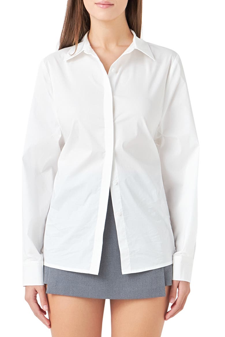 Elastic Back Detail Cotton Blend Button-Up Shirt, Main, color, WHITE