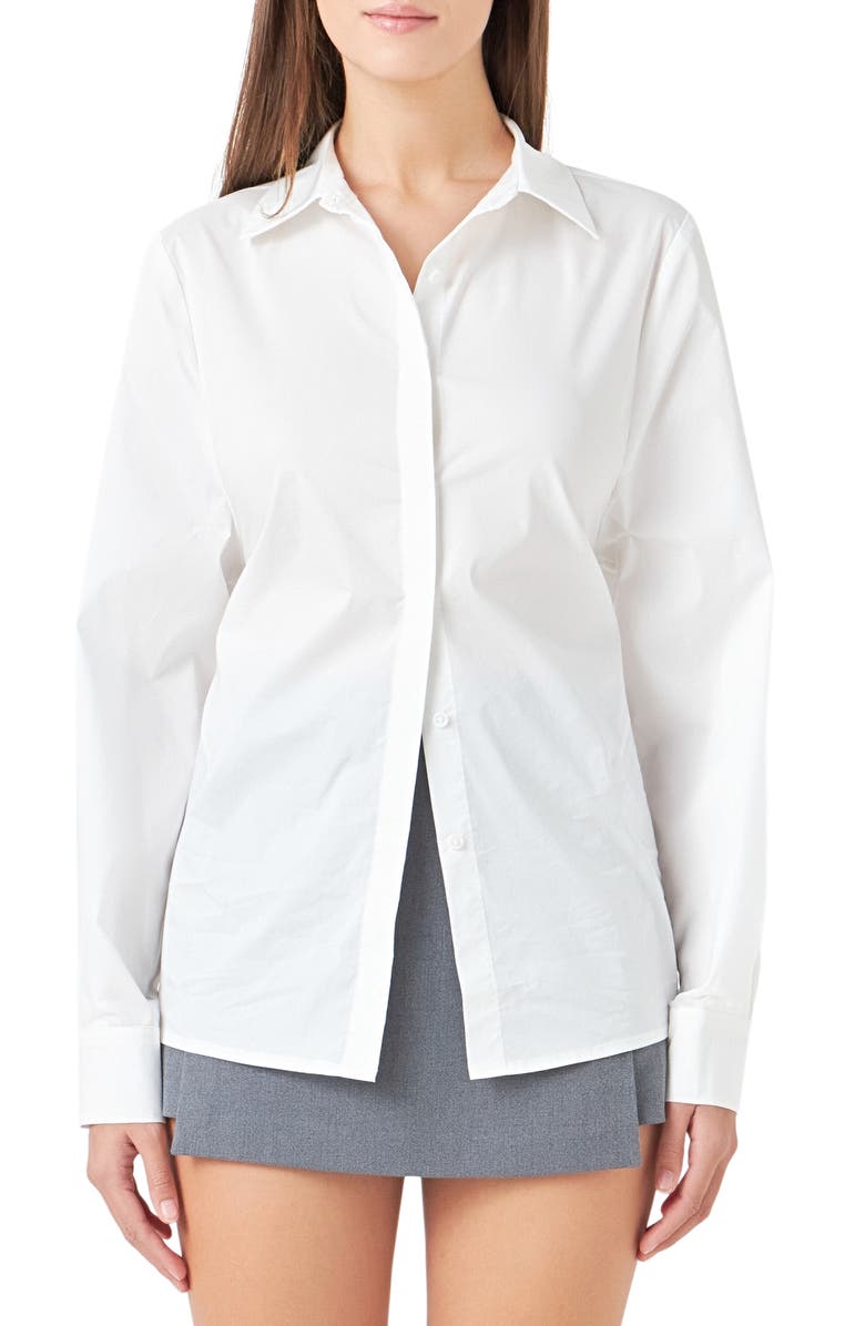 Endless Rose Elastic Back Detail Cotton Blend Button-Up Shirt, Main, color, White