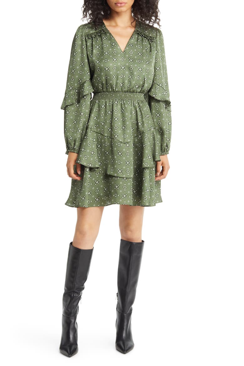 Foulard Long Sleeve A-Line Minidress, Main, color, LODEN