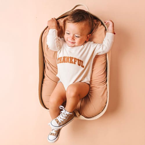 Sweet Wink Thankful Patch Varsity Thanksgiving Long Sleeve Romper In White