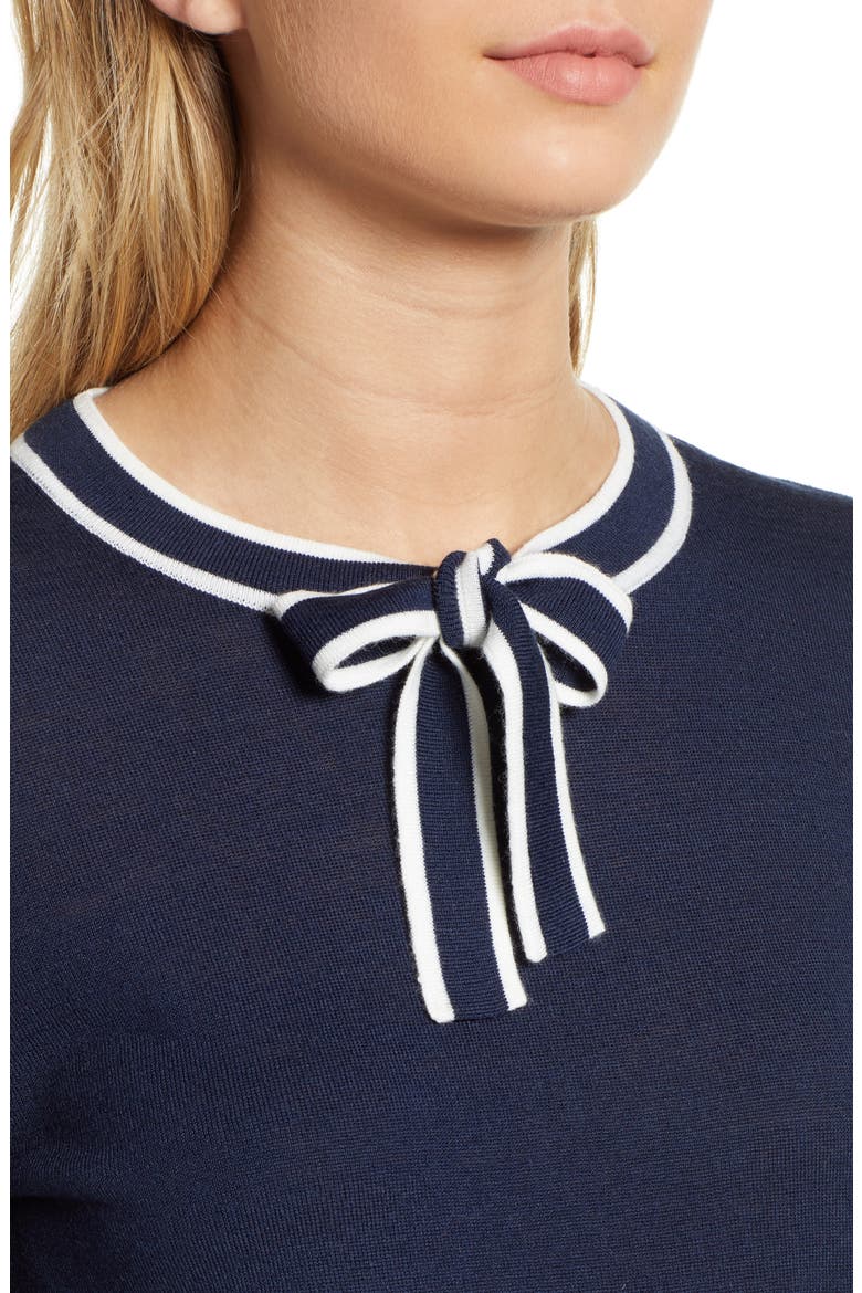 Tipped Tie Neck Wool Blend Sweater, Alternate, color, NAVY- IVORY