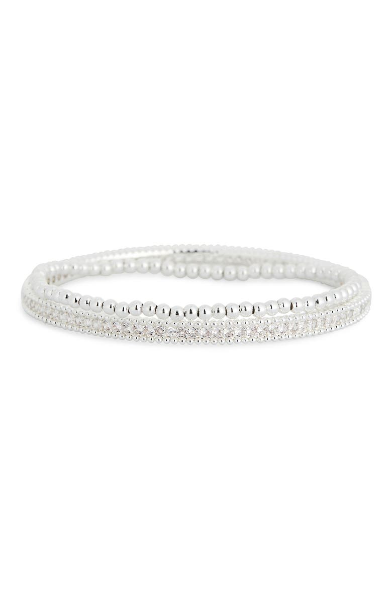 Set of 2 Cubic Zirconia Bangle & Beaded Stretch Bracelets, Main, color, CLEAR- SILVER