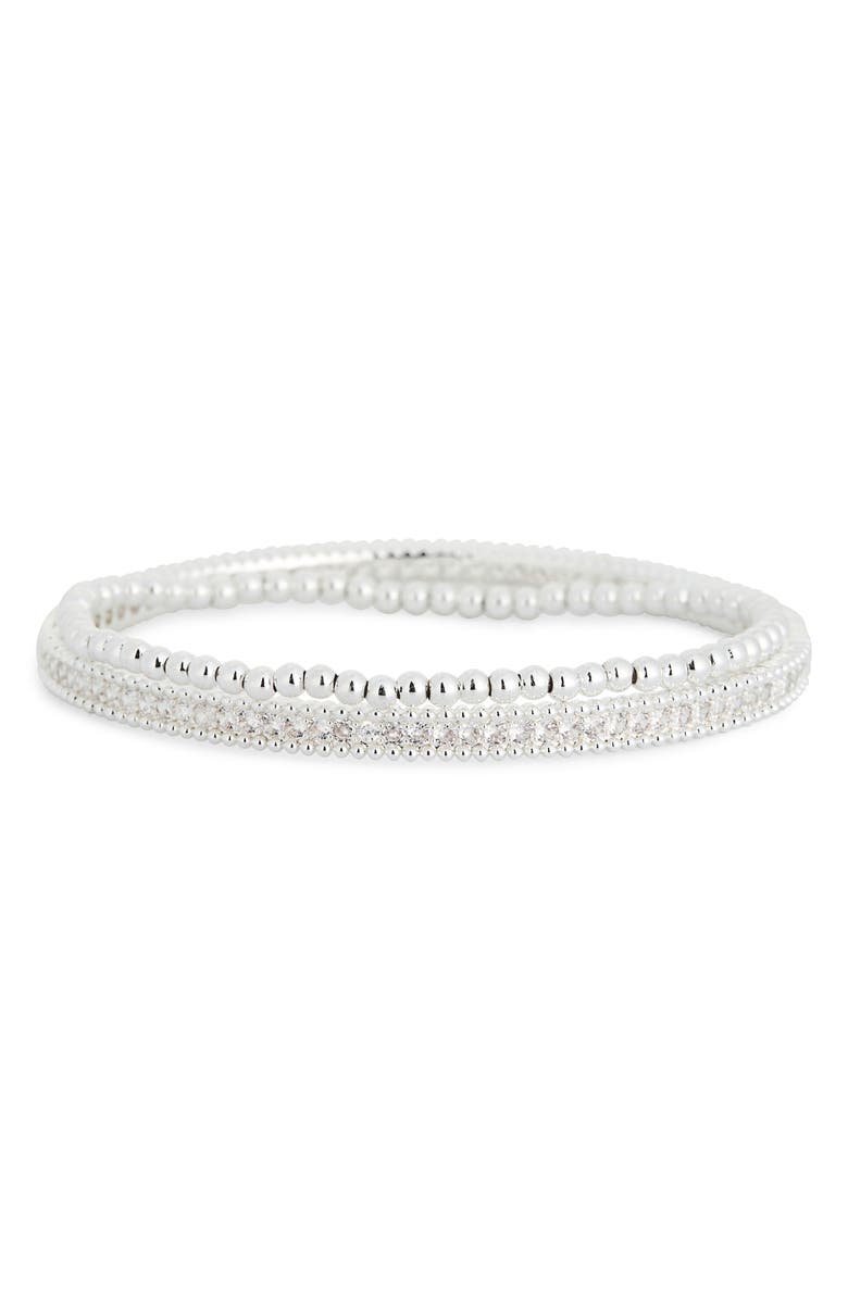 NORDSTROM RACK Set of 2 Cubic Zirconia Bangle & Beaded Stretch Bracelets, Main, color, Clear- Silver