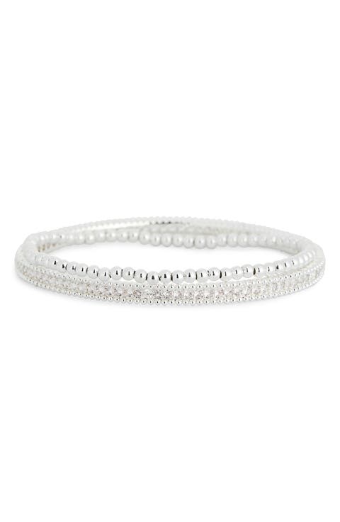 Set of 2 Cubic Zirconia Bangle & Beaded Stretch Bracelets