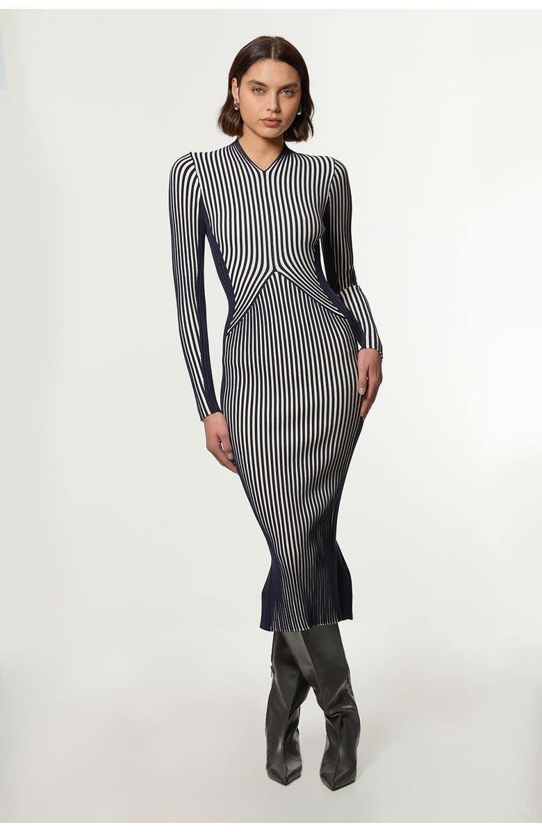 Karen Millen Stripe Fitted Knitted Midi Dress, Main, color, Navy