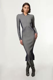 Karen Millen Stripe Fitted Knitted Midi Dress