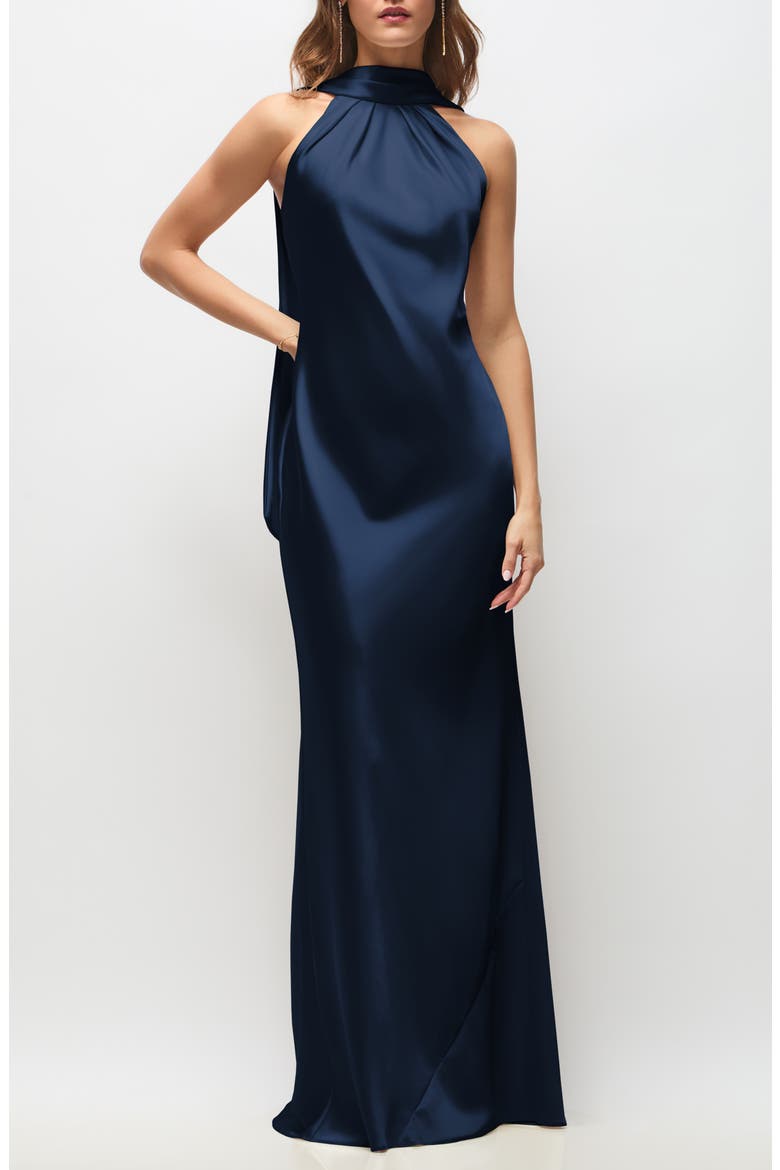 Anais Scarf Neck Satin Charmeuse Gown, Main, color, MIDNIGHT