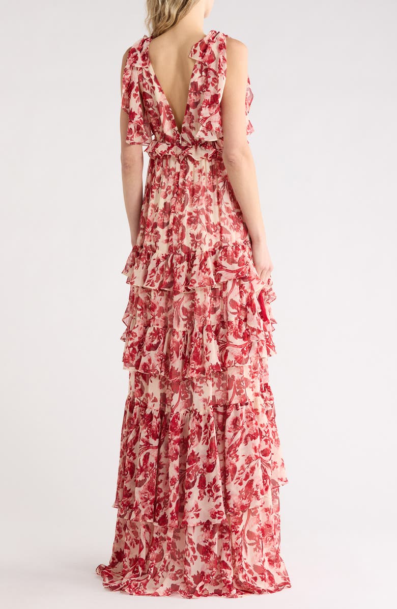 Cinq à Sept Omelia Floral Flutter Sleeve Tiered Chiffon Gown, Alternate, color, Cherry Rose Multi