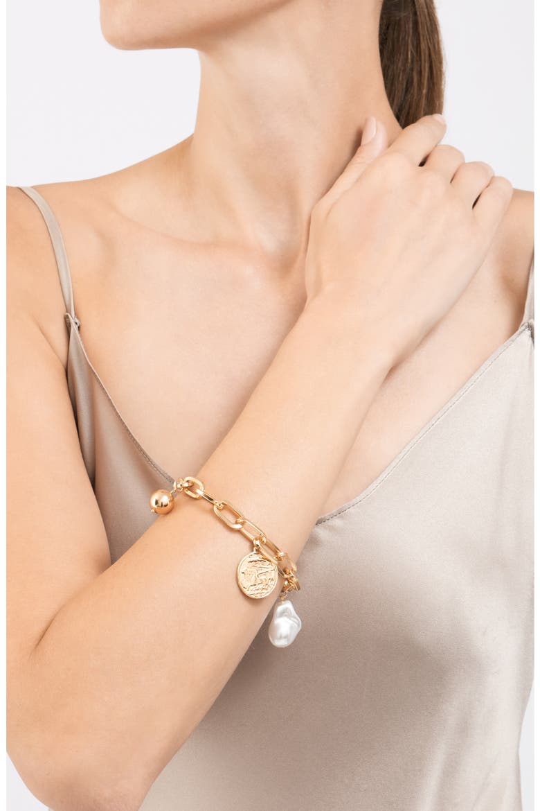 14K Gold Plate Imitation Pearl & Coin Chain Bracelet, Alternate, color, GOLD