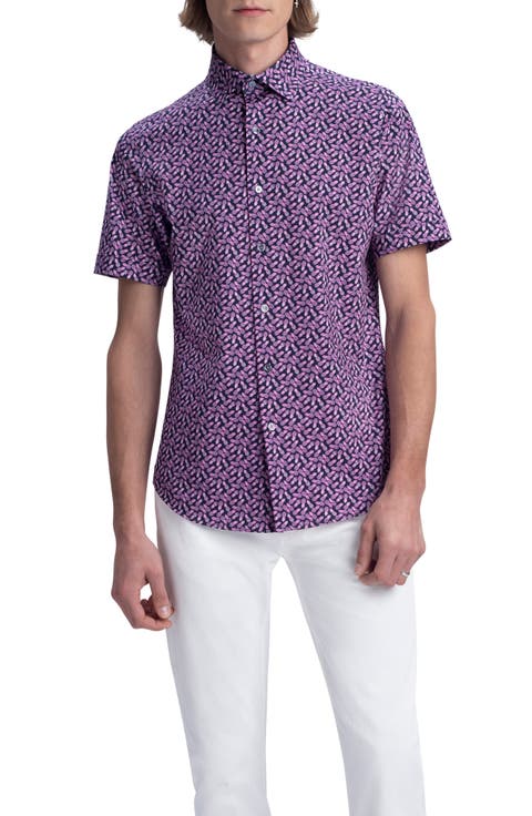Pineapple Print Knit Short Sleeve Stretch Cotton Button-Up Shirt