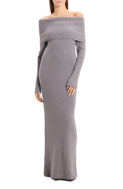 Off the Shoulder Long Sleeve Rib Wool & Cashmere Maxi Dress
