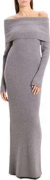 Theory Off the Shoulder Long Sleeve Rib Wool & Cashmere Maxi Dress