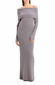 Theory Off the Shoulder Long Sleeve Rib Wool & Cashmere Maxi Dress