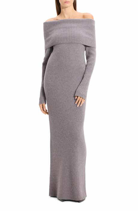 Theory Off the Shoulder Long Sleeve Rib Wool & Cashmere Maxi Dress