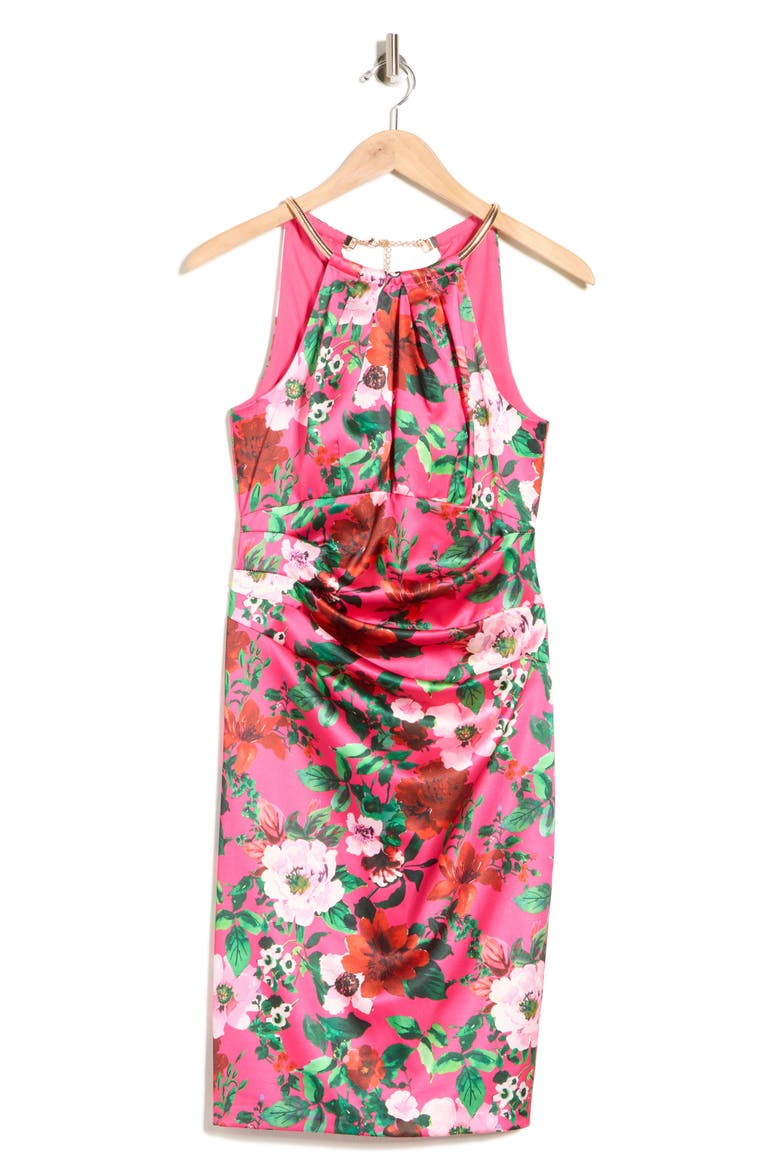 Floral Halter Neck Pleated Satin Sheath Dress, Alternate, color, FUCHSIA