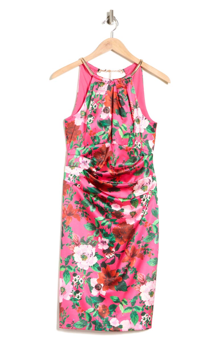 Eliza J Floral Halter Neck Pleated Satin Sheath Dress, Main, color, Fuchsia