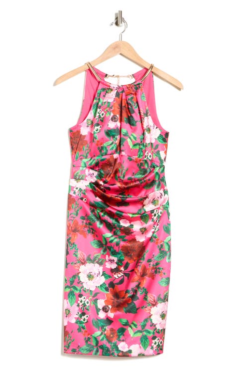Floral Halter Neck Pleated Satin Sheath Dress