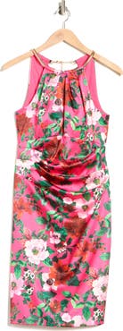 Eliza J Floral Halter Neck Pleated Satin Sheath Dress