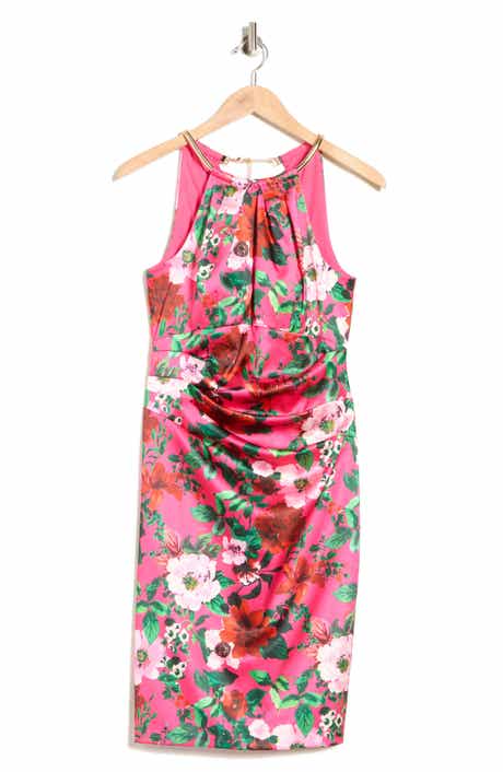 Eliza J Floral Halter Neck Pleated Satin Sheath Dress