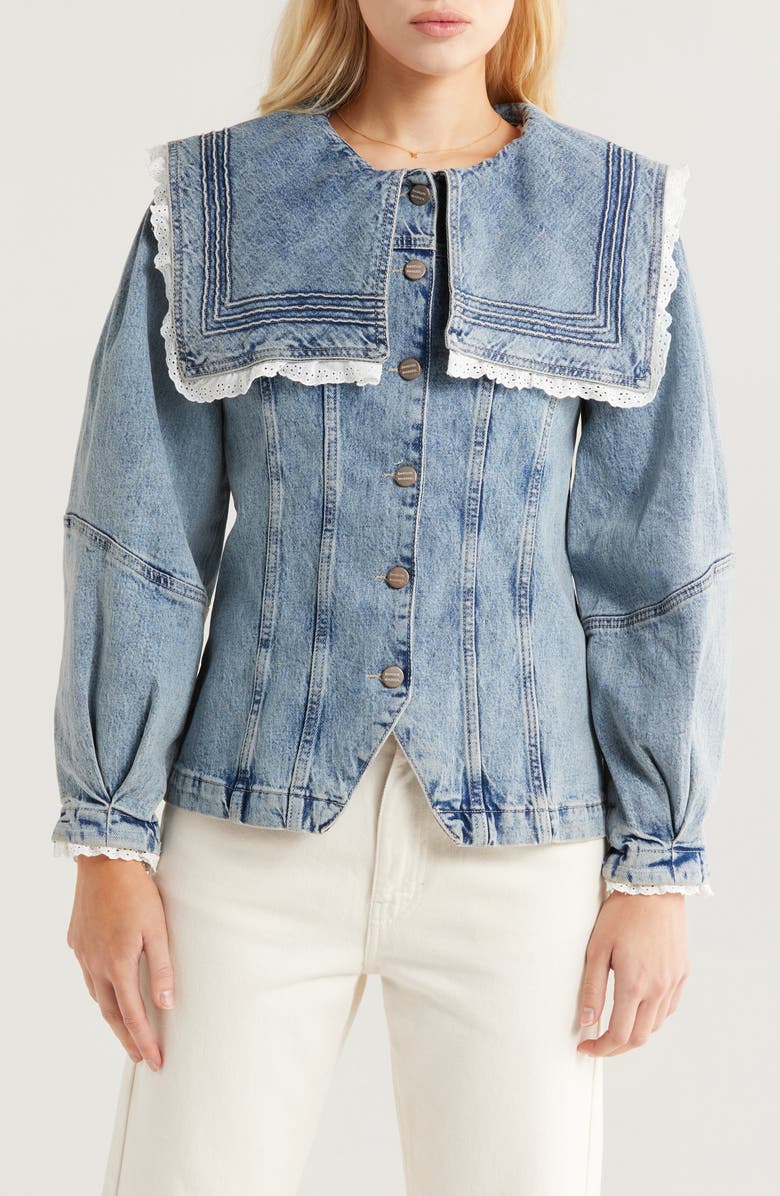 Damson Madder Broderie Anglaise Ruffle Sailor Denim Jacket, Main, color,