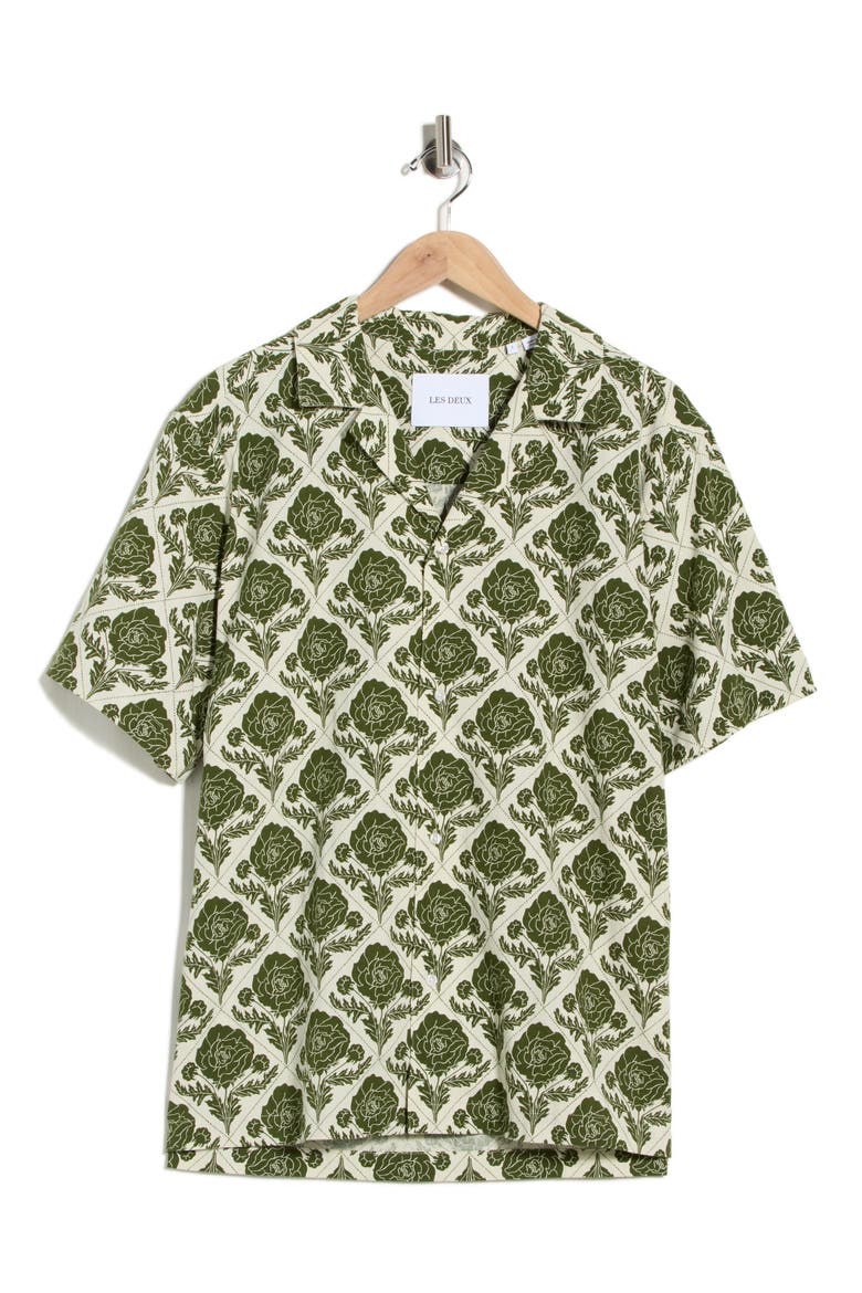 Lesley Flower Tile Organic Cotton Camp Shirt, Main, color, VINTAGE GREEN/ IVORY