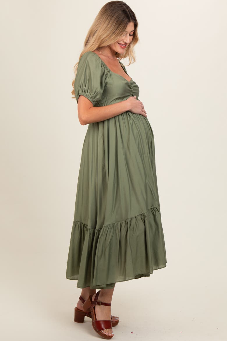 Ruched Sweetheart Neck Tiered Midi Dress, Alternate, color, Olive Green