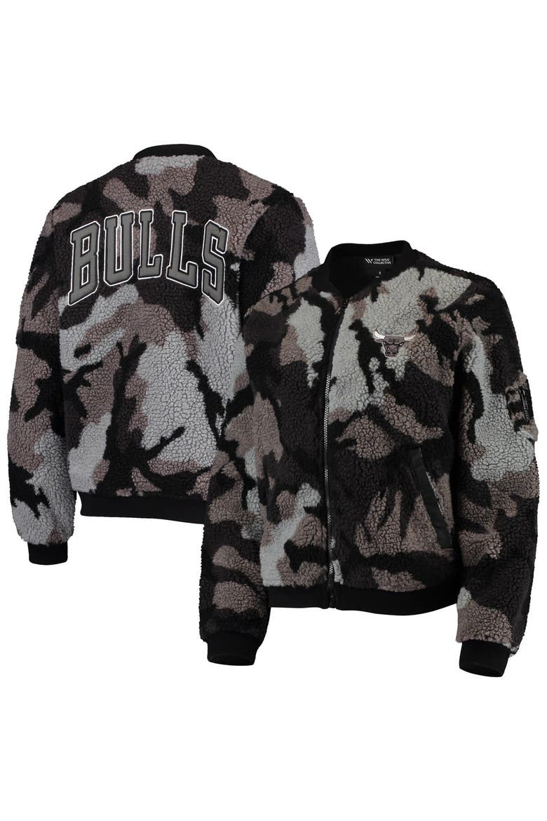 Women's The Wild Collective Black Chicago Bulls Camo Sherpa Full-Zip Bomber Jacket, Main, color, Black