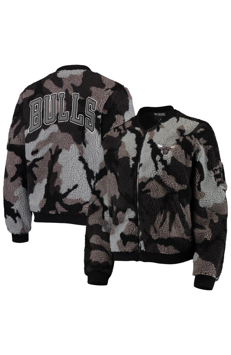 THE WILD COLLECTIVE Women's The Wild Collective Black Chicago Bulls Camo Sherpa Full-Zip Bomber Jacket, Main, color, Black
