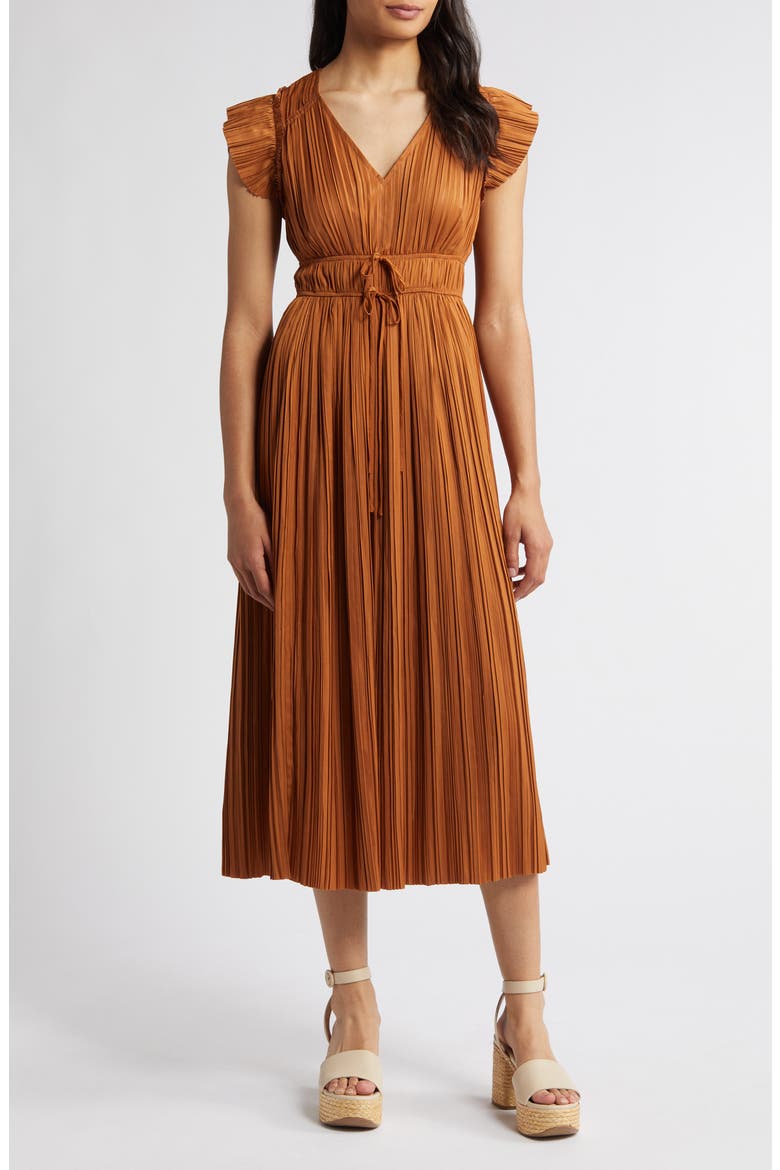 Pleated Tie Waist Midi Dress, Main, color, COPPER