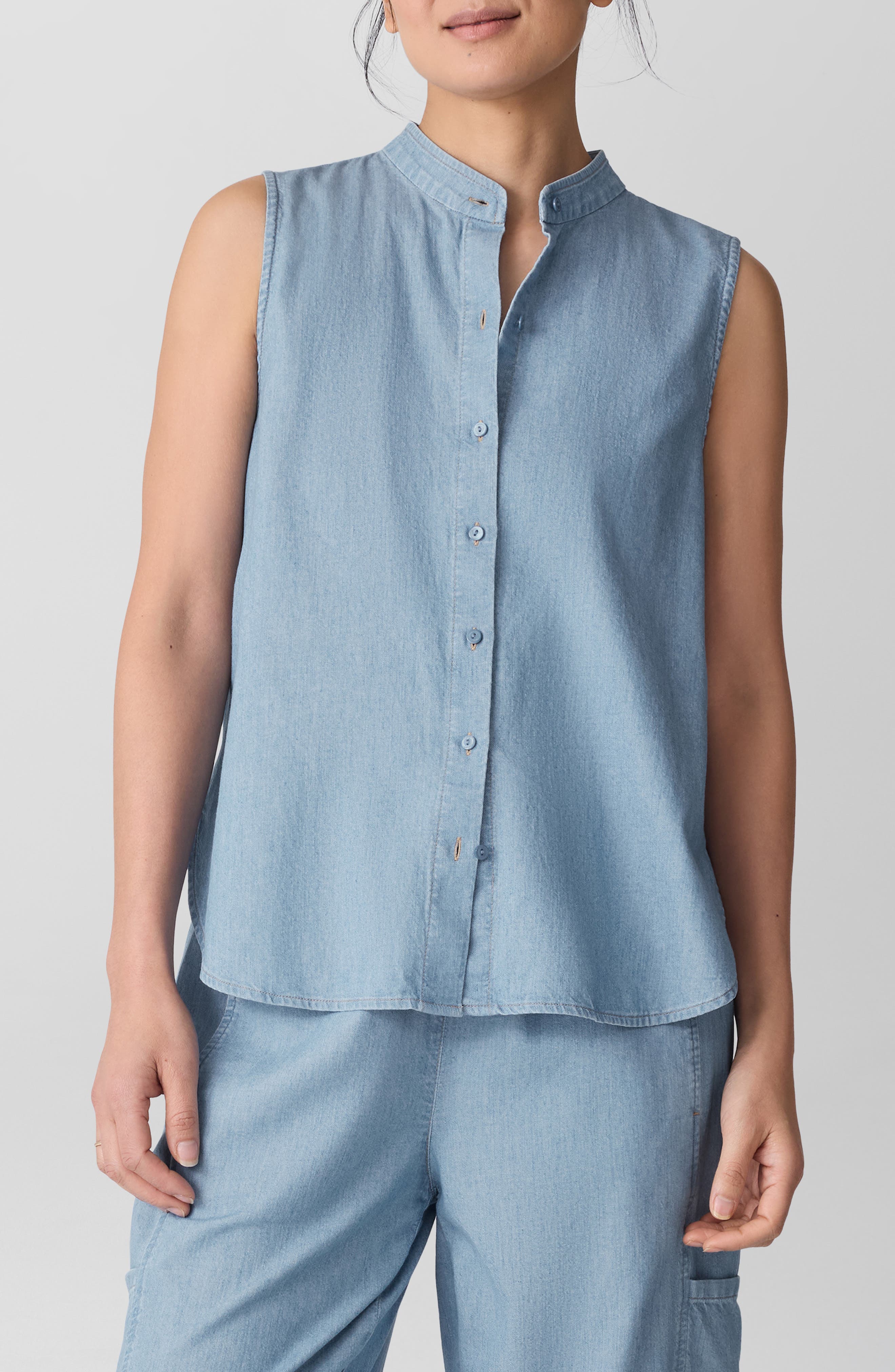 Eileen Fisher Sleeveless Band Collar Chambray Button-Up Shirt