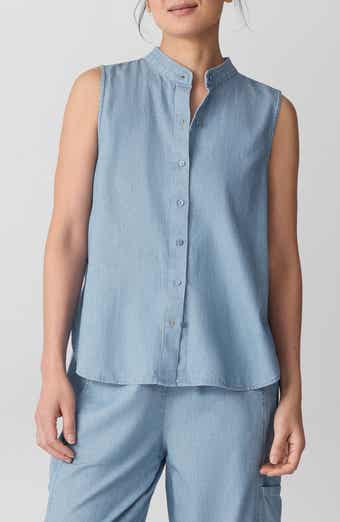 Eileen Fisher Sleeveless Band Collar Chambray Button-Up Shirt