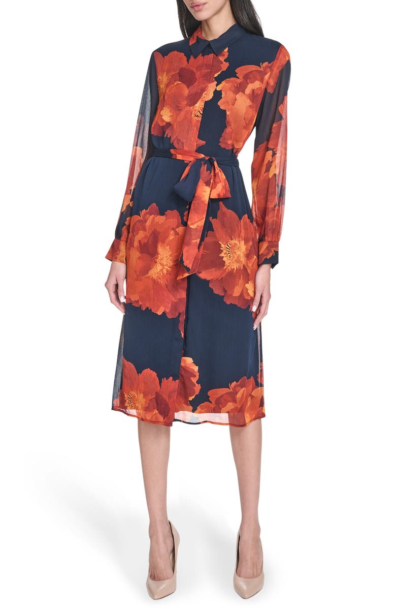 Calvin Klein Long Sleeve Chiffon Midi Dress, Main, color, 