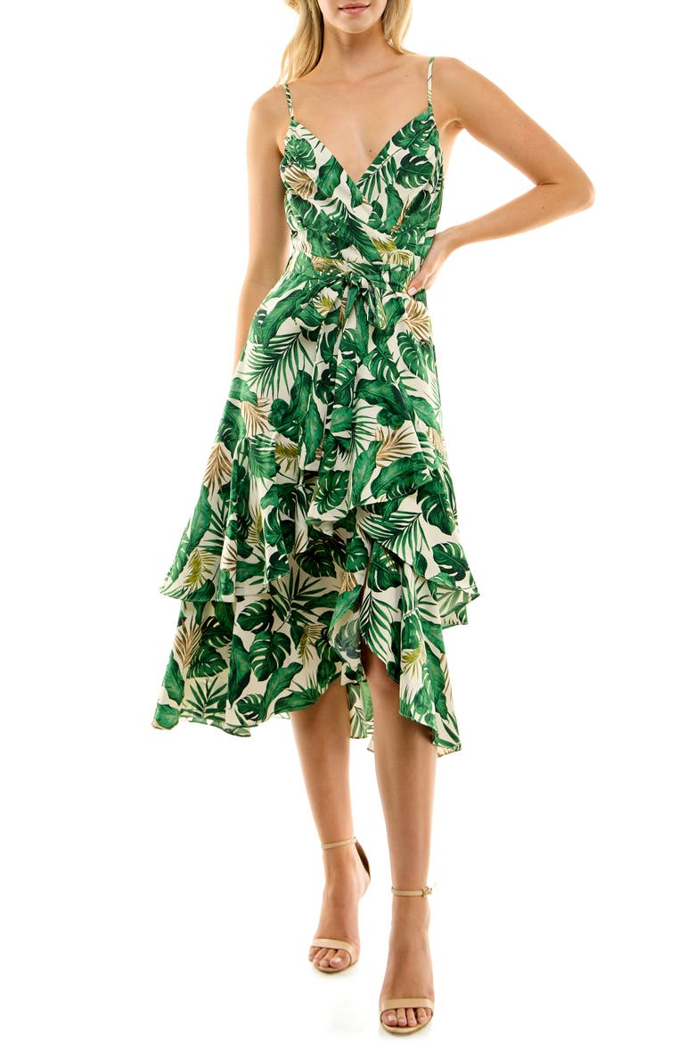 Ruffle Faux Wrap Sundress, Main, color, GREEN LEAF PRINT