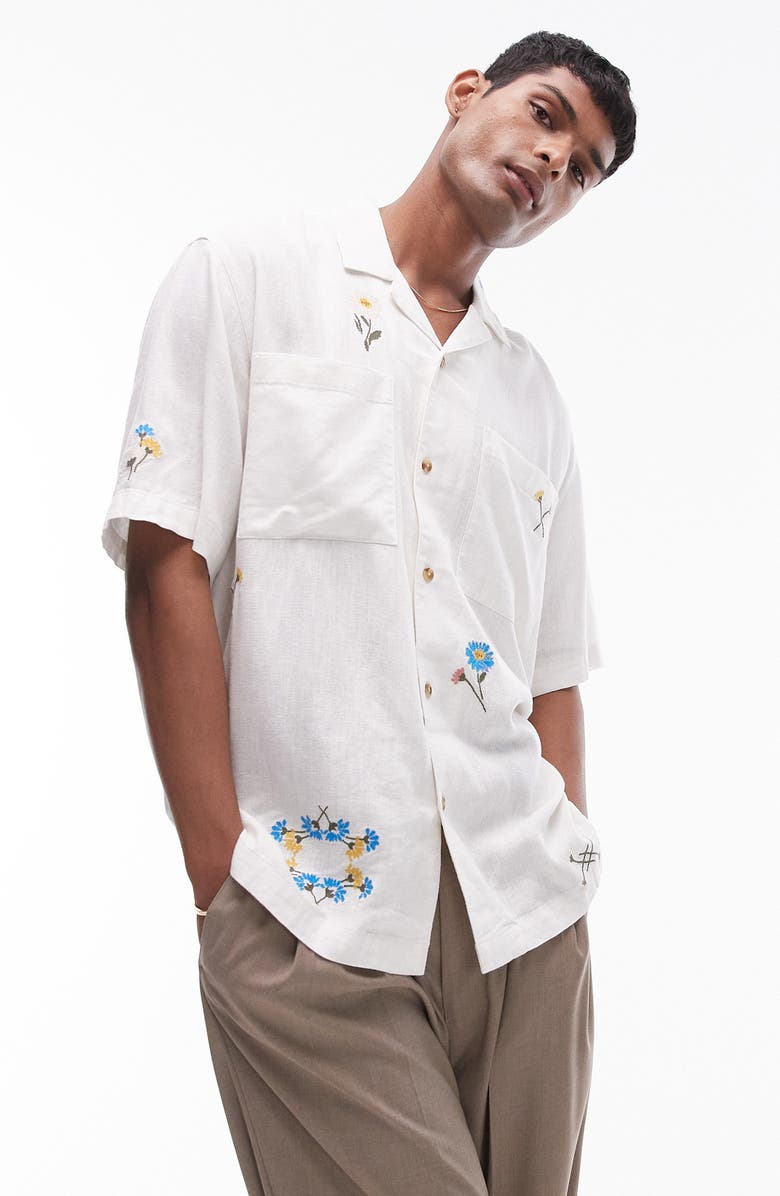 Topman Relaxed Fit Floral Embroidered Camp Shirt, Main, color, 