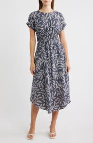 Maggy London Leaf Print Smock Waist Midi Dress