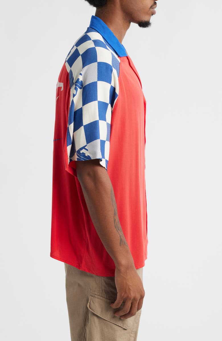 DIET STARTS MONDAY Pit Crew Camp Shirt, Alternate, color, Red/Blue