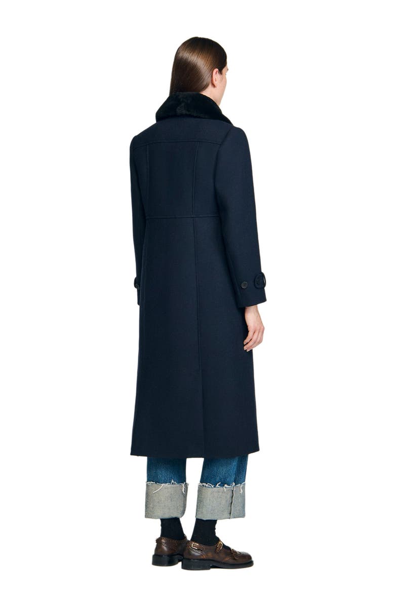 SANDRO Coat with removable shearling collar, Alternate, color, Navy Blue