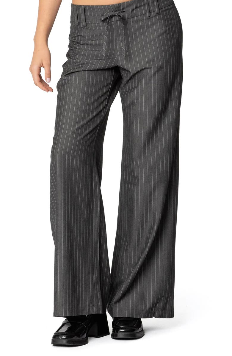 EDIKTED Mayla Pinstripe Drawstring Wide Leg Pants, Main, color, Gray