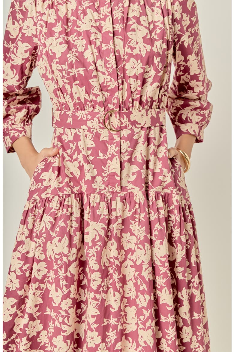 Belted Tiered Print Long Sleeve Cotton Midi Dress, Alternate, color, BURGUNDY/BEIGE