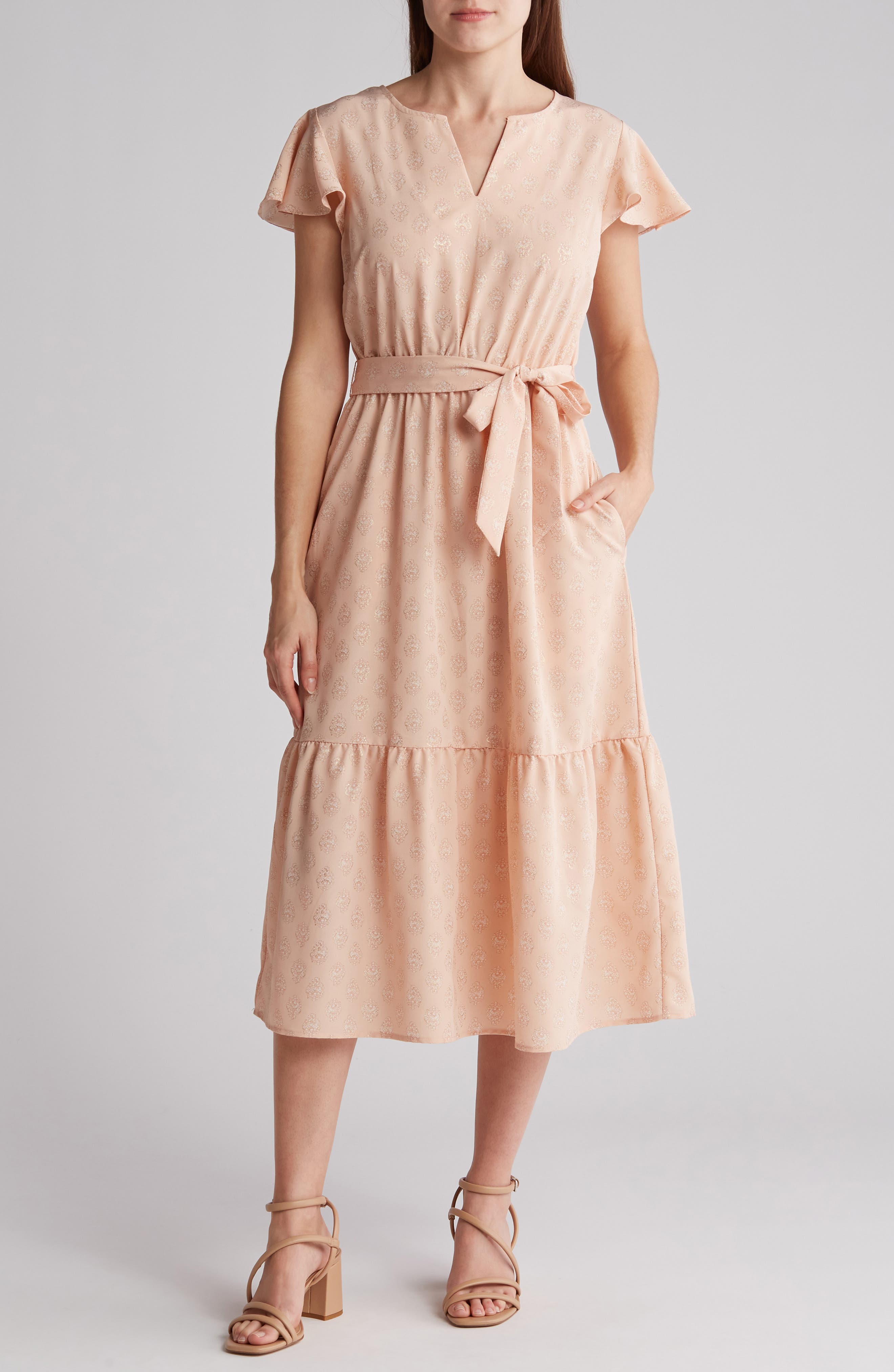 Lucky Brand Flutter Sleeve Flounce Waist Tie Dress