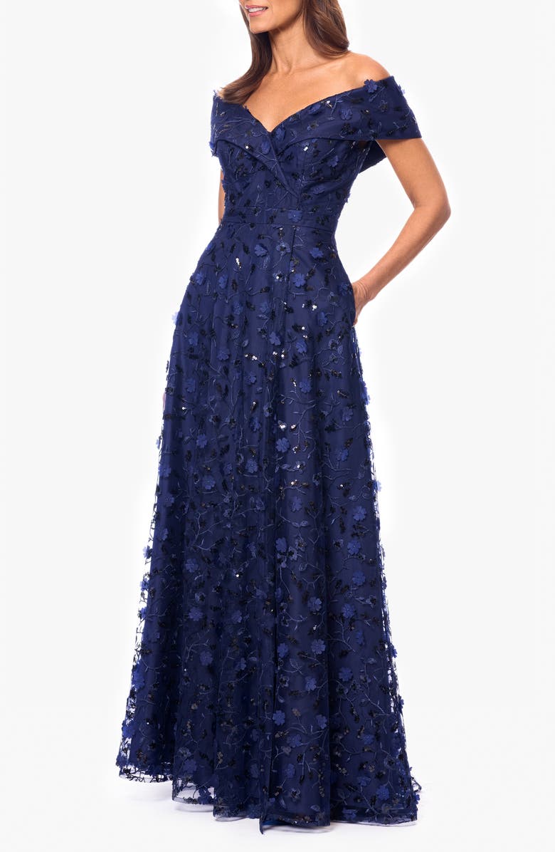Xscape Evenings Sequin Floral Appliqué Off the Shoulde Gown, Alternate, color, Navy