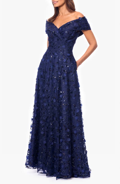 Xscape Evenings Sequin Floral Appliqué Off The Shoulde Gown In Navy