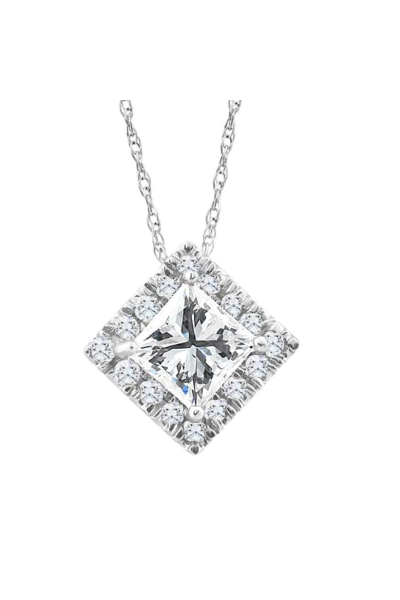 1 1/5Ct TW Princess Cut Diamond Lab Grown Halo Pendant Gold Necklace, Main, color, 10k White Gold