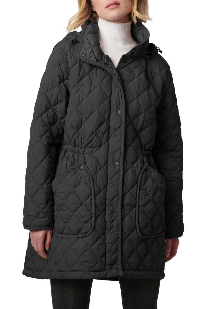 Diamond Quilted Hooded Puffer Coat, Main, color, BLACK