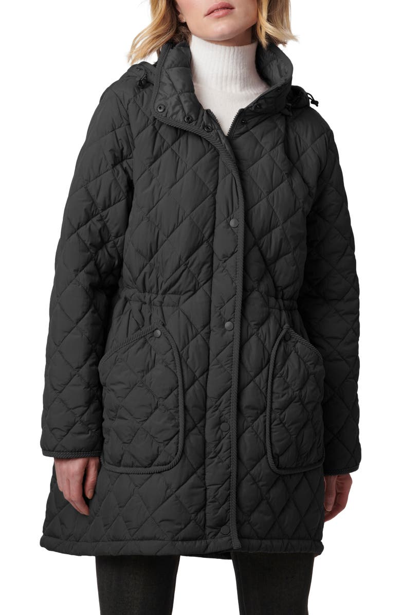 Bernardo Diamond Quilted Hooded Puffer Coat, Main, color, Black
