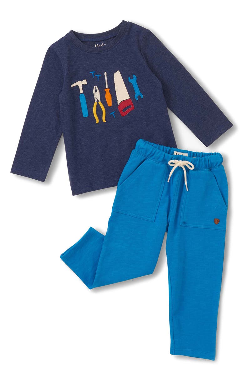 Hatley Tools Appliqué Long Sleeve T-Shirt & Sweatpants Set, Main, color, Patriot Blue